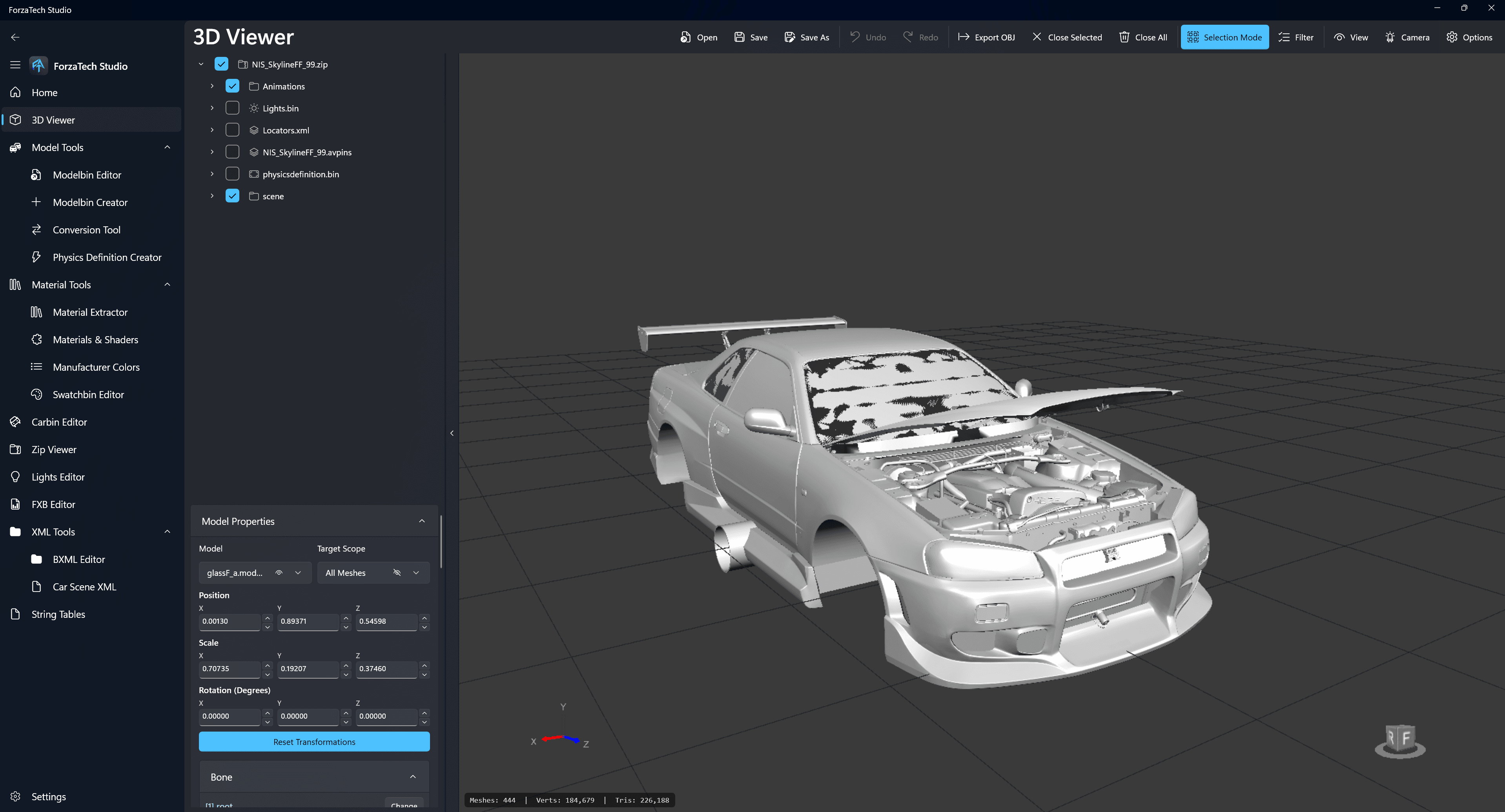 ForzaTech Studio 3D Viewer showing a car model with the model properties panel